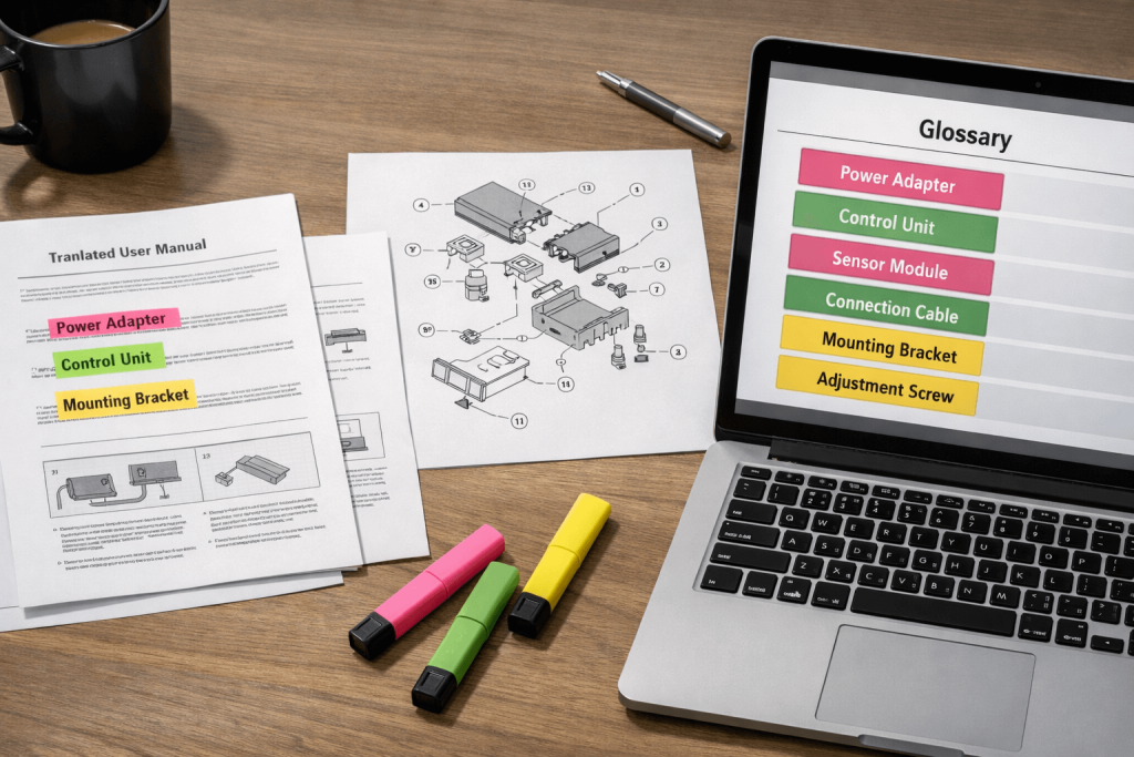 User manual technical translation with glossary and consistency checks