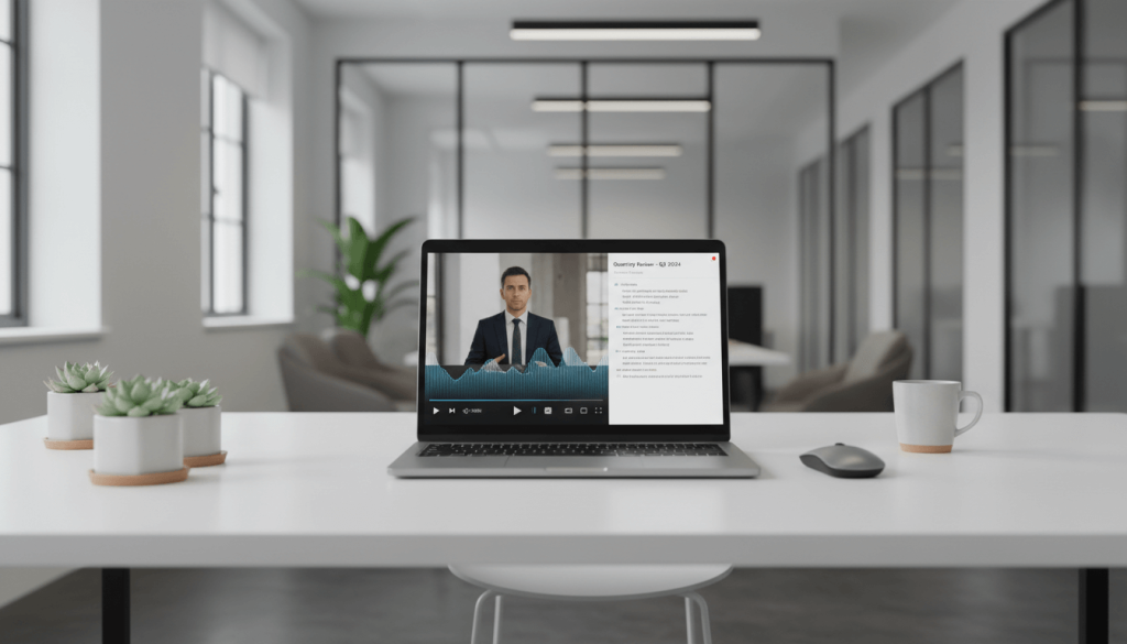 Video being transcribed into a clean text transcript on a laptop