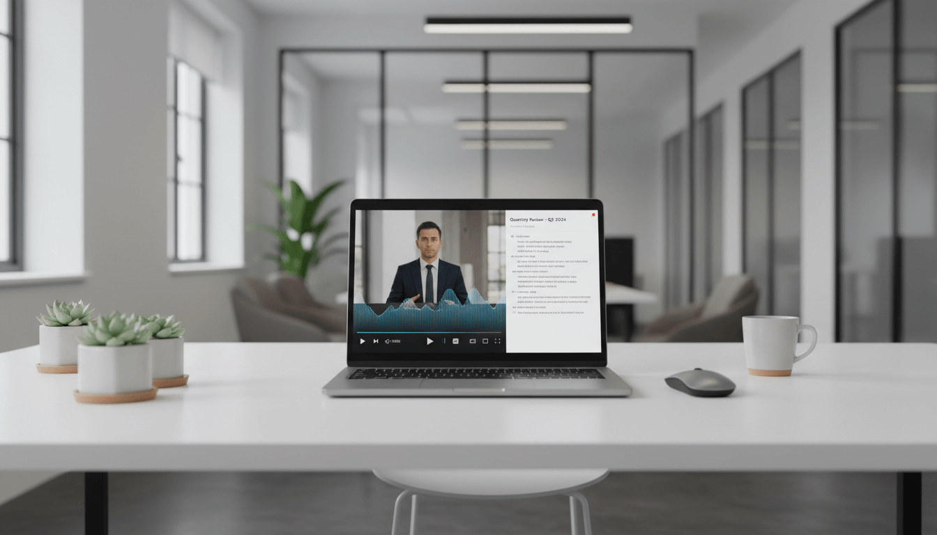 Video being transcribed into a clean text transcript on a laptop