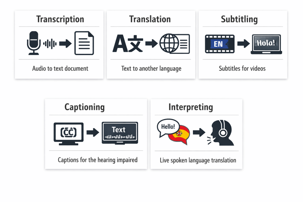 Visual comparison of transcription, translation subtitling captioning and interpreting
