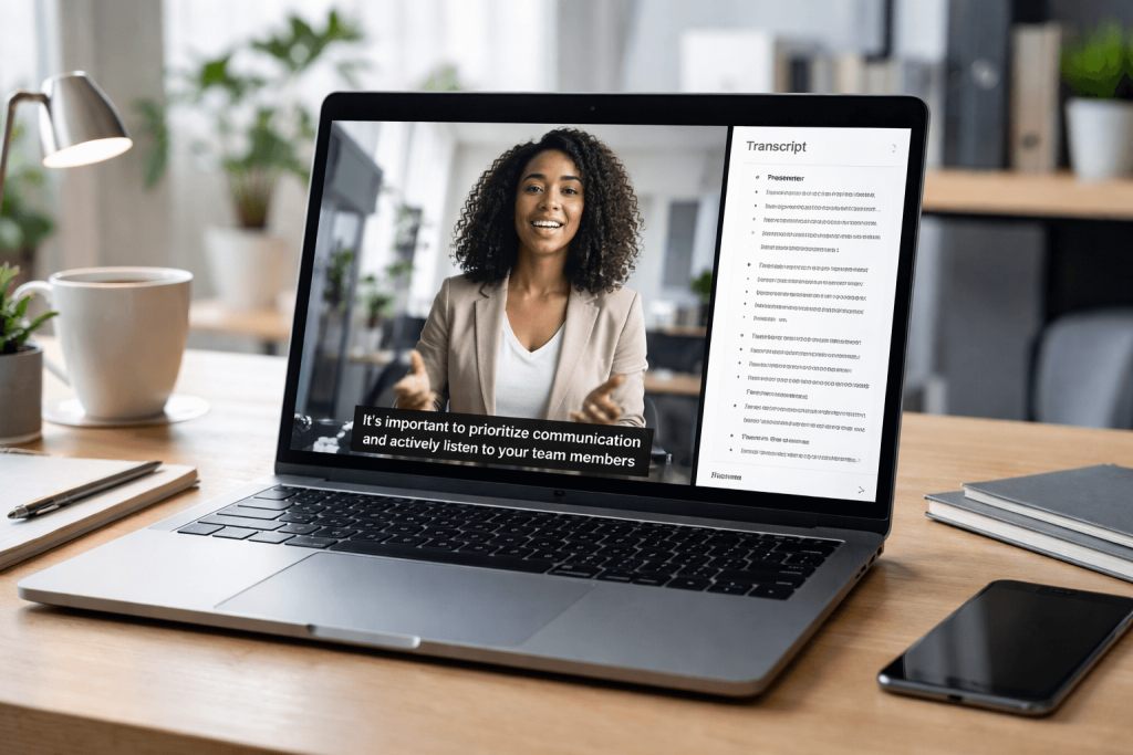 Webinar video with on-screen captions next to a transcript document illustrating subtitles and transcription.