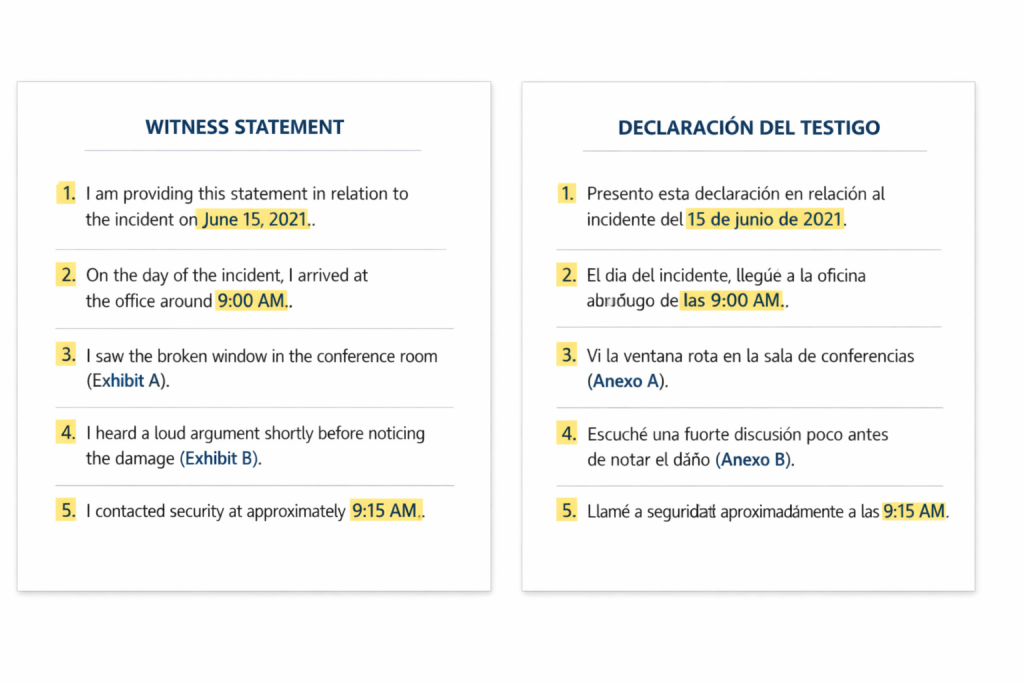 Witness statement translation formatted for tribunal evidence