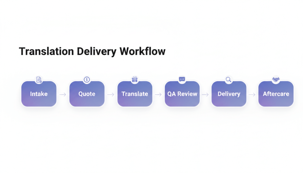 Workflow diagram of a translation project from intake to delivery